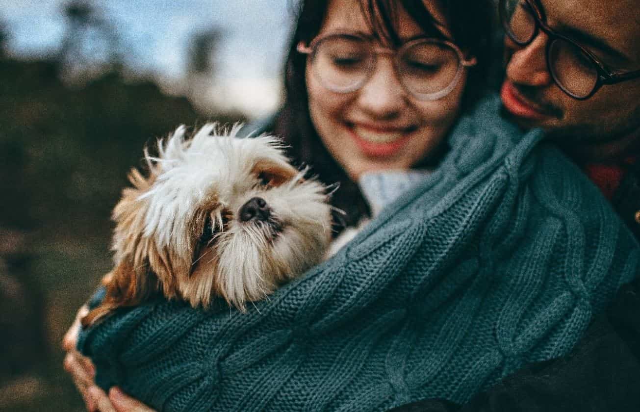 Couple that wears glasses holds a dog