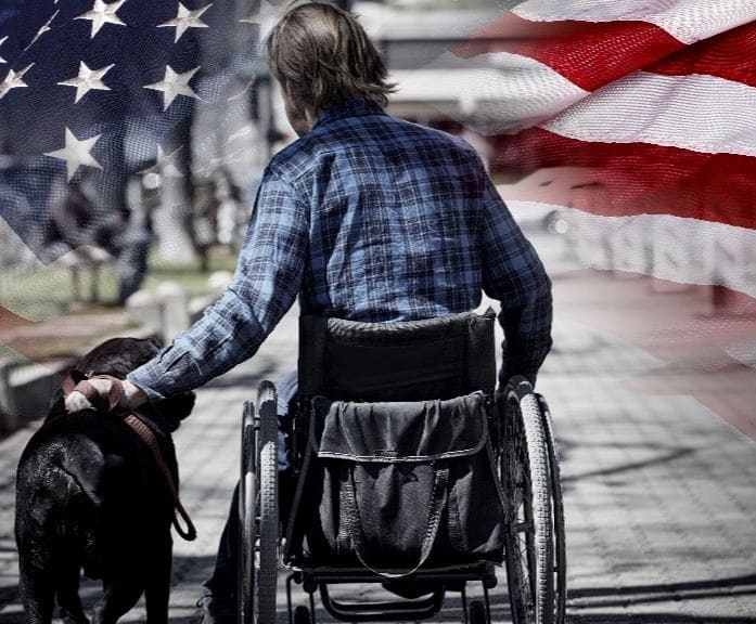 Veteran and dog Veteran and dog under the U.S flag