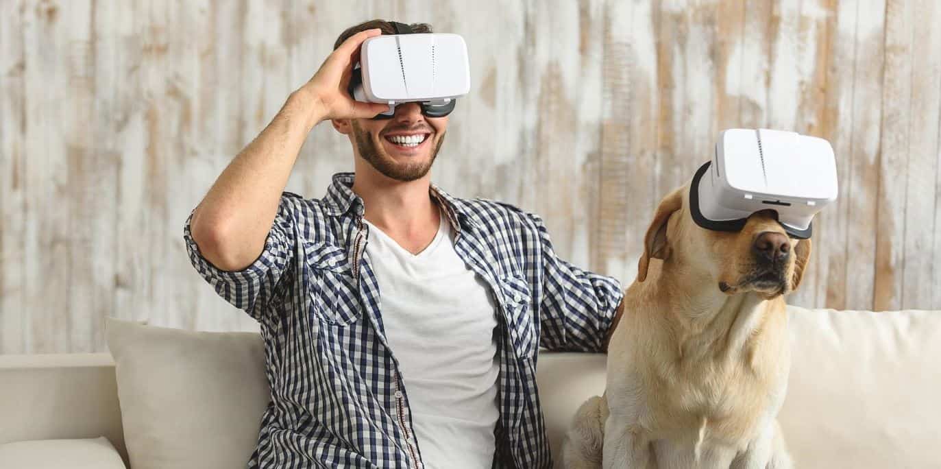 VR dog Man and dog wearing VR devices